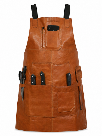 Caramel Brown Full-Grain Leather Bib Apron with Utility Pockets