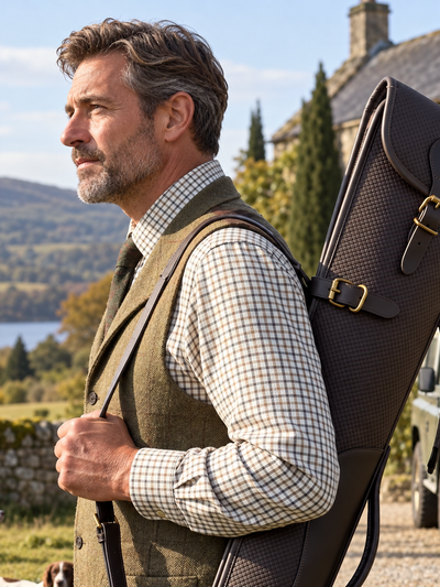 Oak Chequered Shotgun Slip Case – Leather Trimmed Fleece-Lined Gun Case