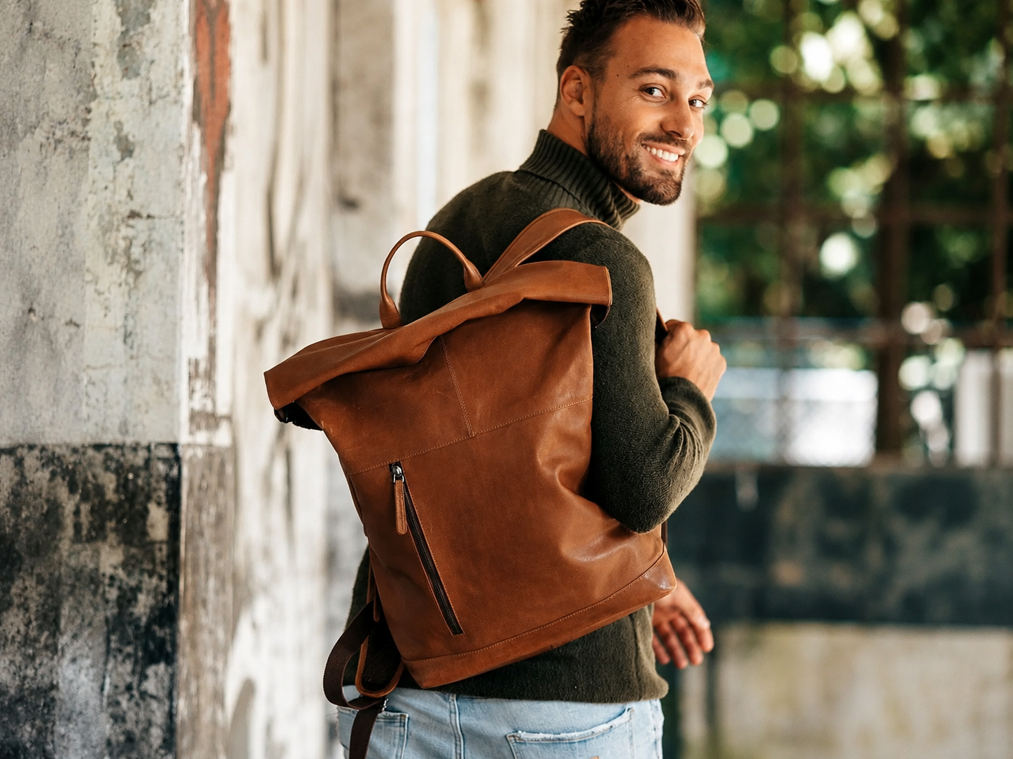 Leather Roll-top Backpack Cognac Liverpool