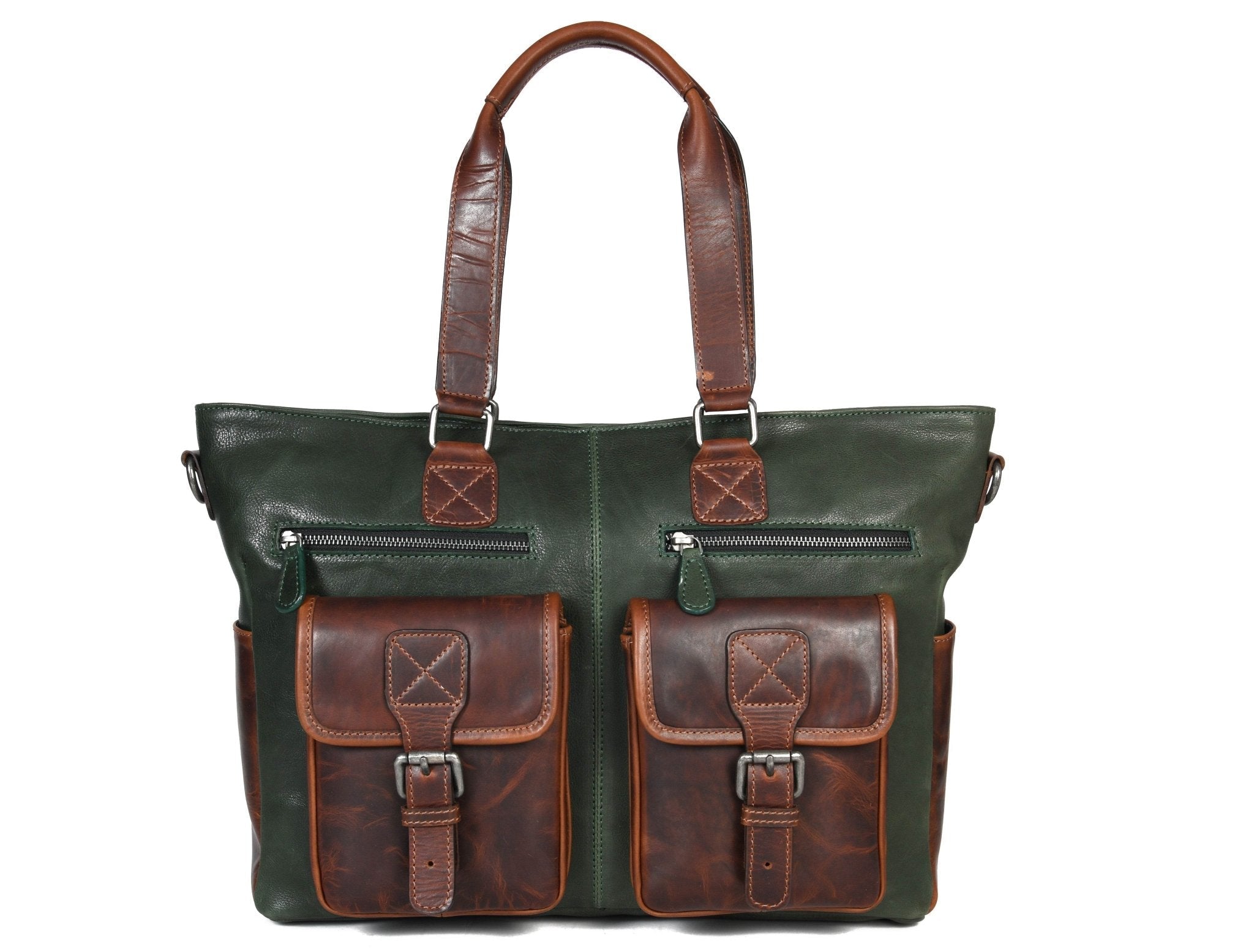 Vintage Green & Brown Leather Shoulder Bag for Women