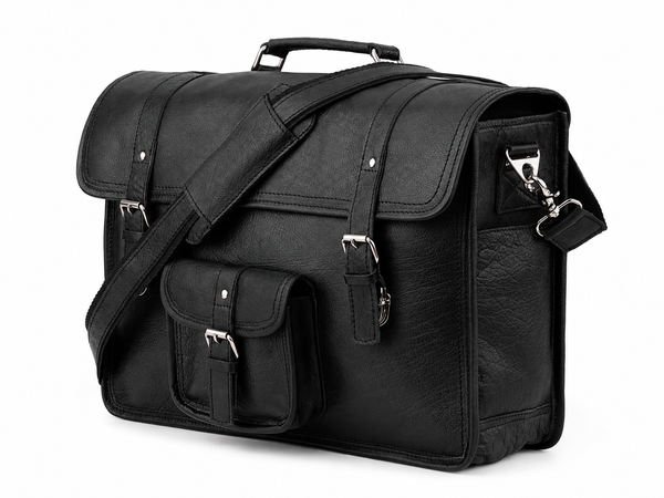 Black Top-Grain Buffalo Leather Travel Briefcase