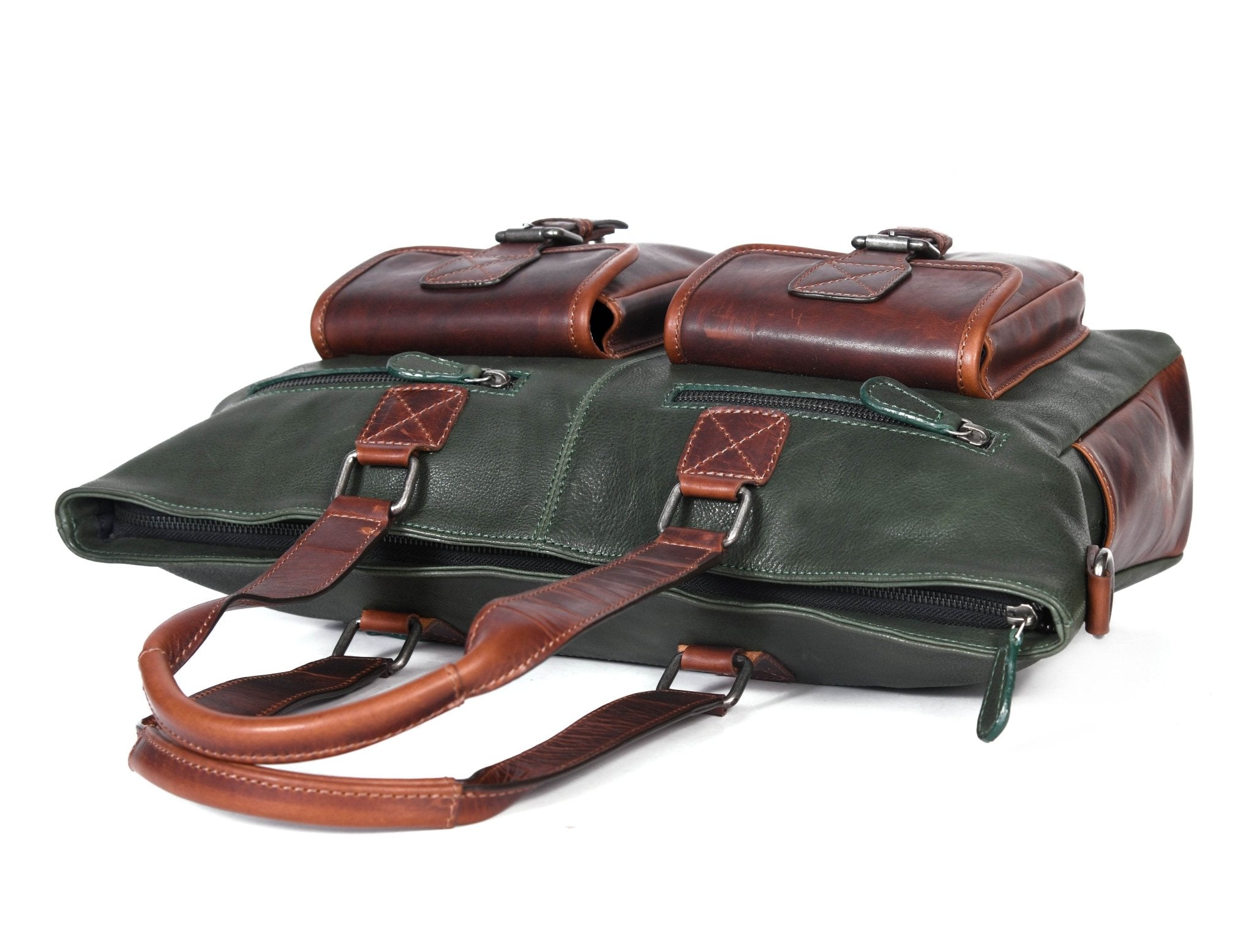 Vintage Green & Brown Leather Shoulder Bag for Women