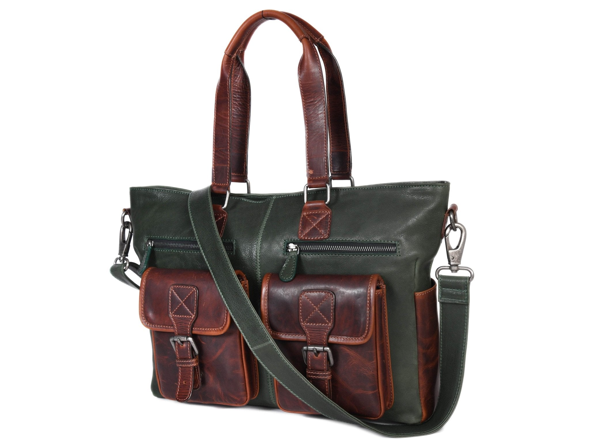 Vintage Green & Brown Leather Shoulder Bag for Women
