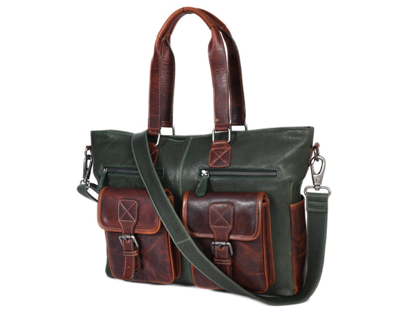 Vintage Green & Brown Leather Shoulder Bag for Women