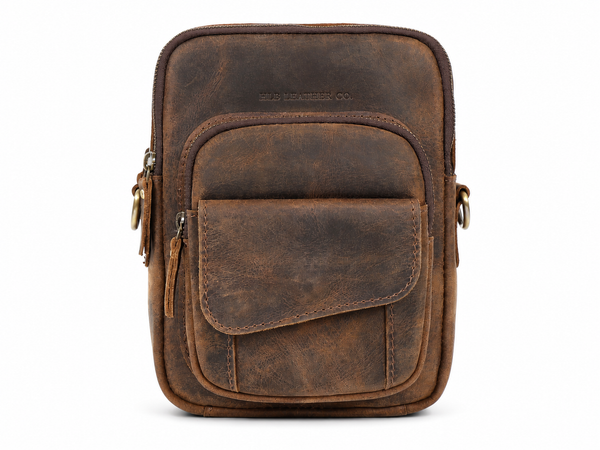 Distressed Buffalo Leather Crossbody Bag with Flap Pocket