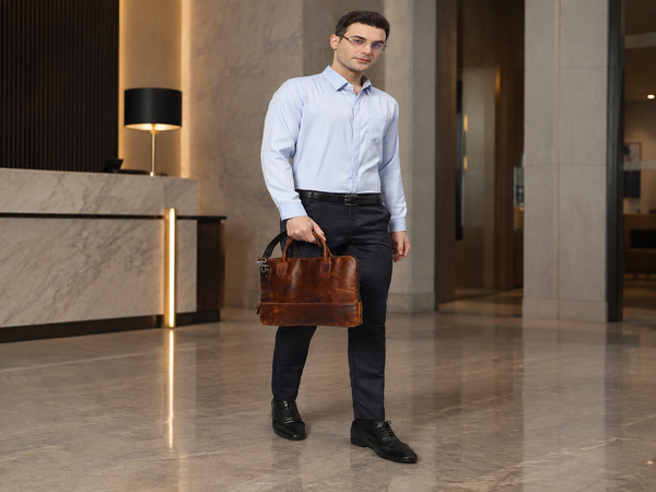 Modernist Leather Laptop Bag - Brown