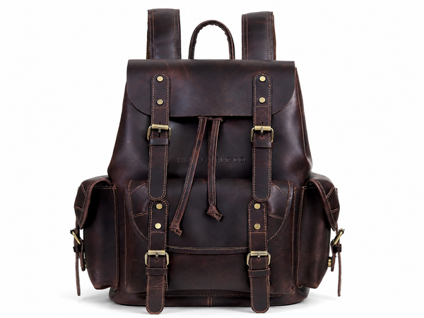 Vintage Buffalo Leather Drawstring Backpack with Buckle Pockets