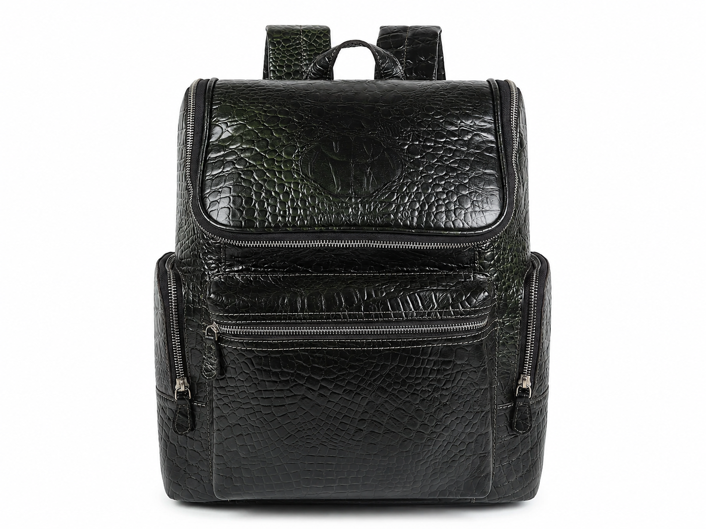 Regal Crocodile Texture Leather Backpack, Dark Green