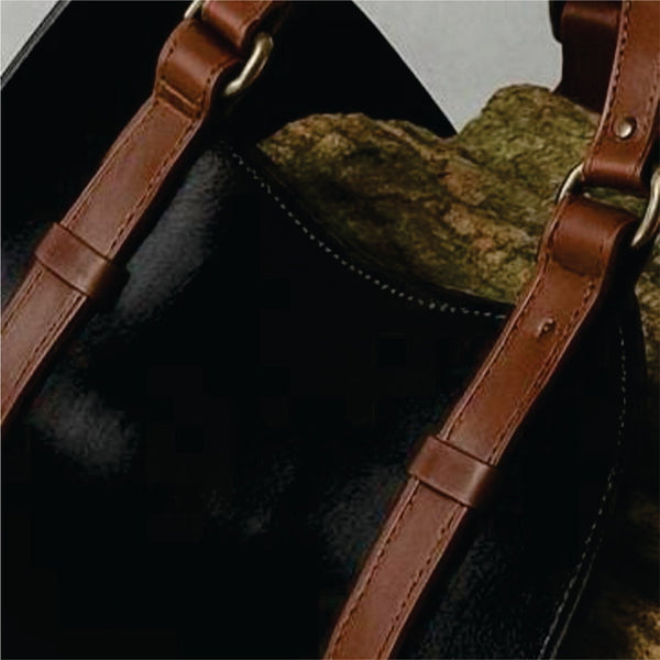 Personalized Black Leather Firewood Carrier with Brown Straps