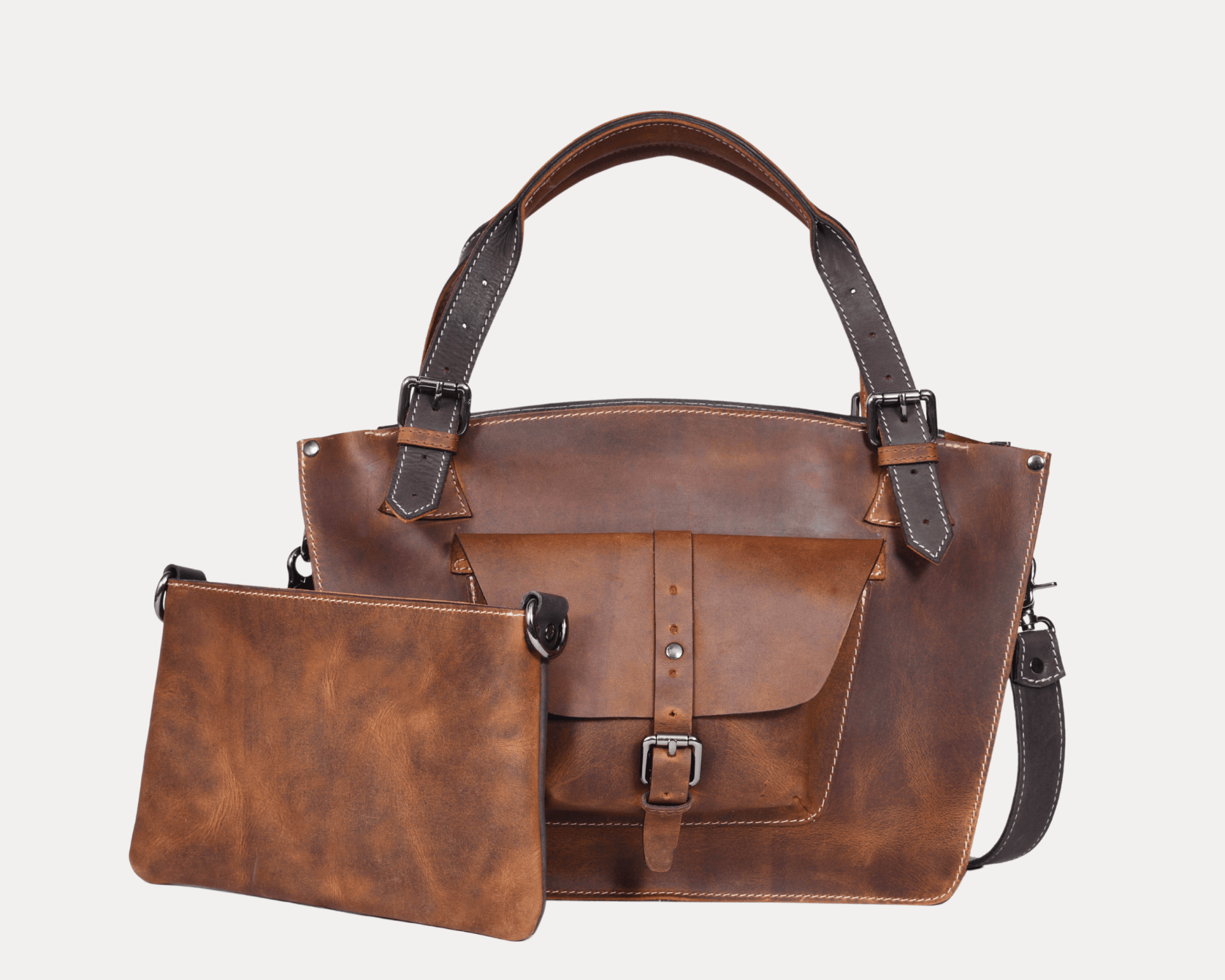Vintage Leather Satchel Tote with Crossbody Strap