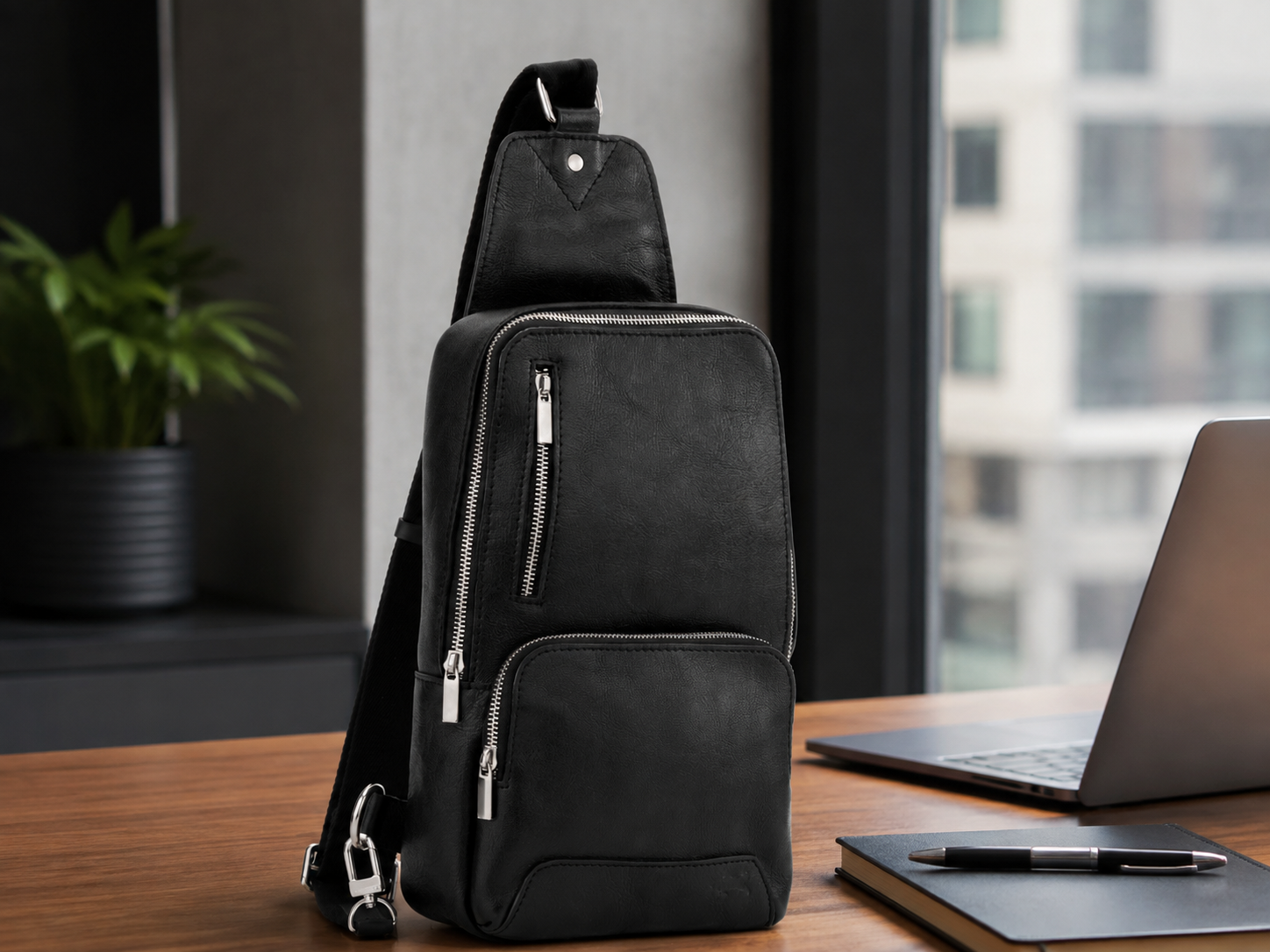 Carbon Black Leather Sling Bag