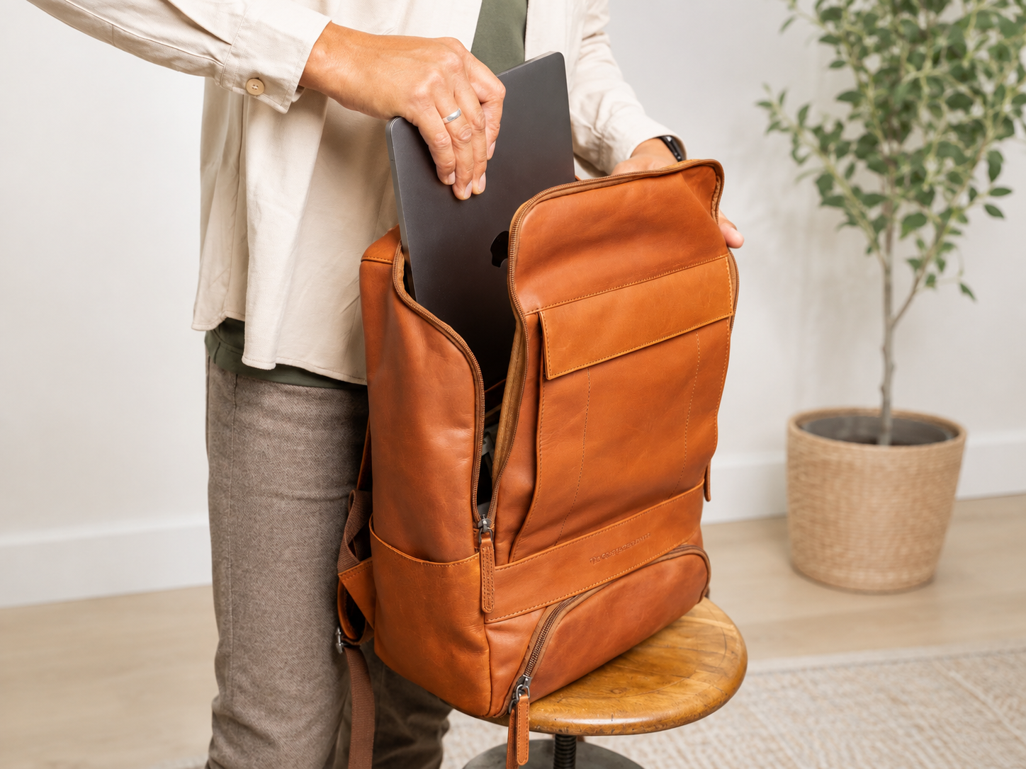 Leather Laptop Backpack Cognac Rich