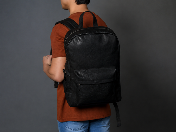 Black Buffalo Leather Minimalist Backpack with Front Zip Pocket
