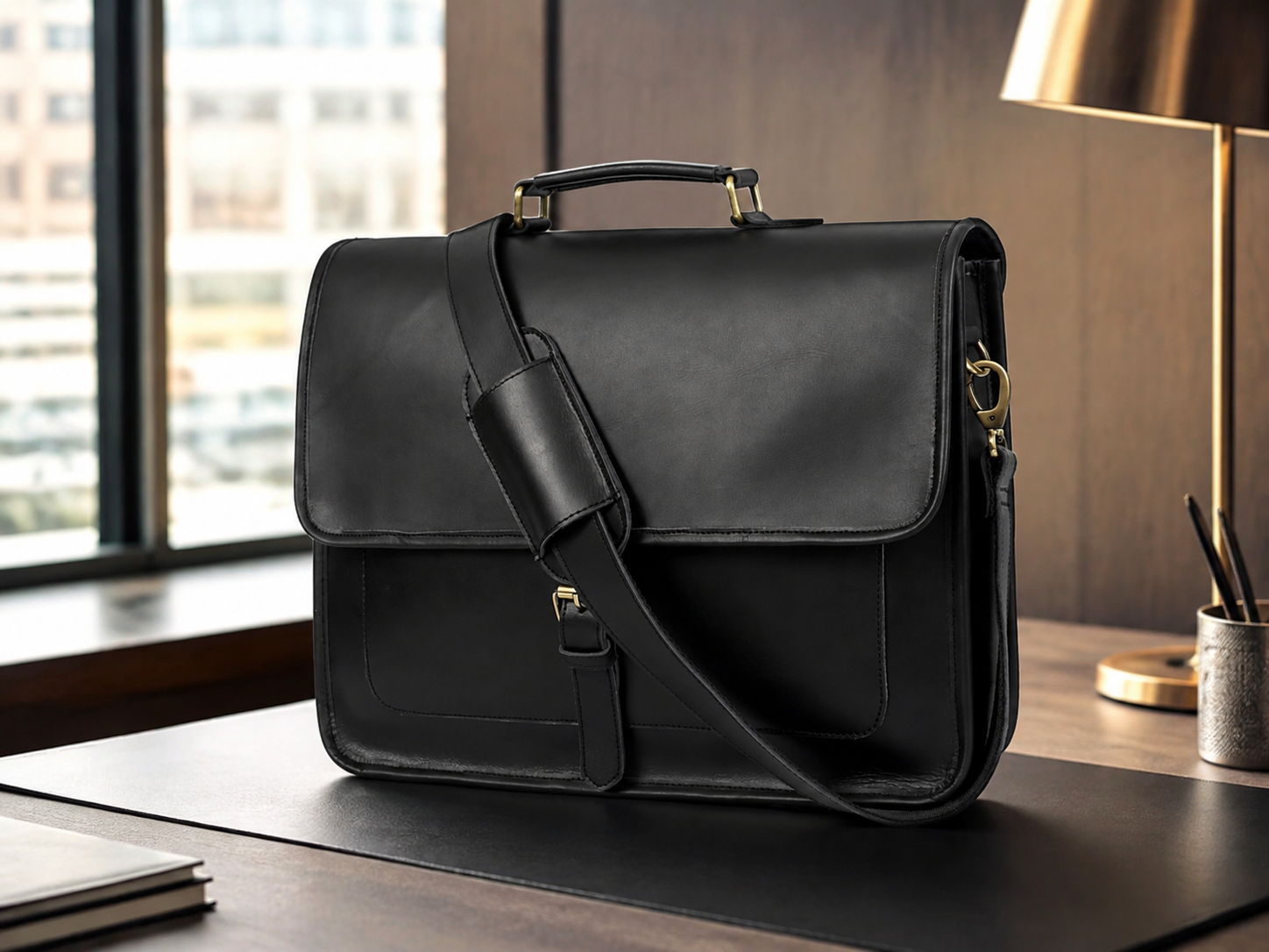 Midnight Black Buffalo Leather Messenger Bag – Men's Work & Laptop Satchel