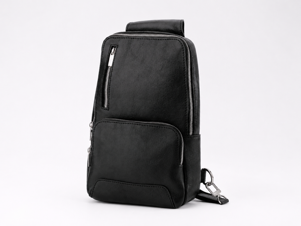 Black Buffalo Leather Crossbody Sling with Dual Zip Pockets