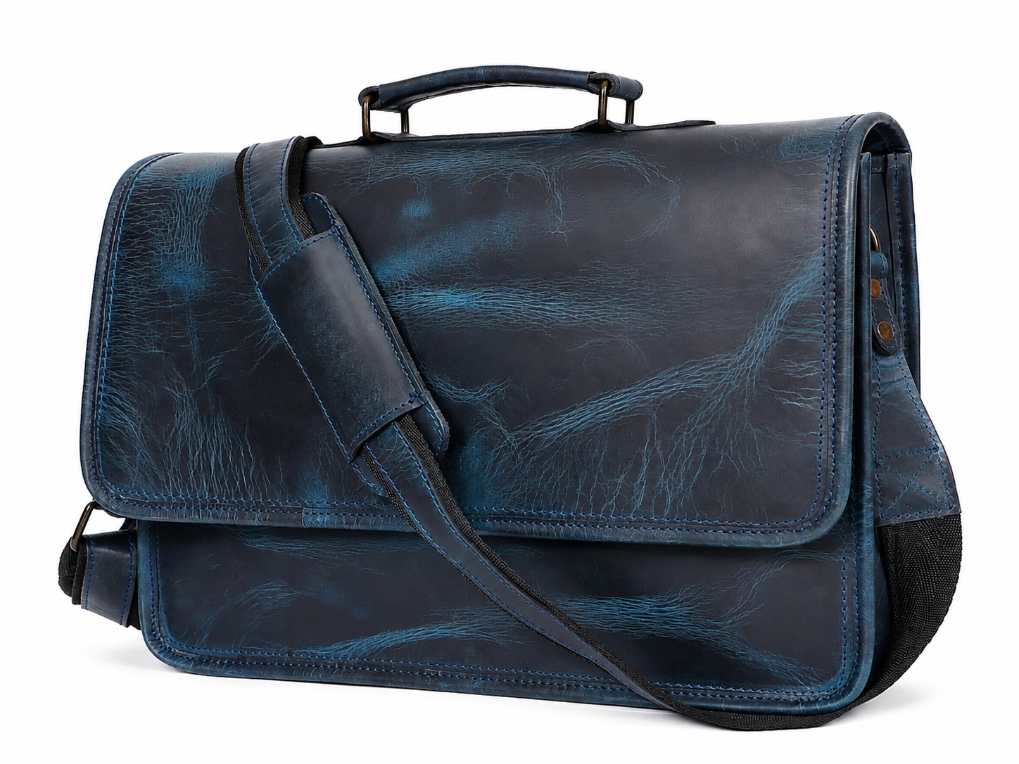 Blue Full-Grain Buffalo Leather Messenger Bag for Men
