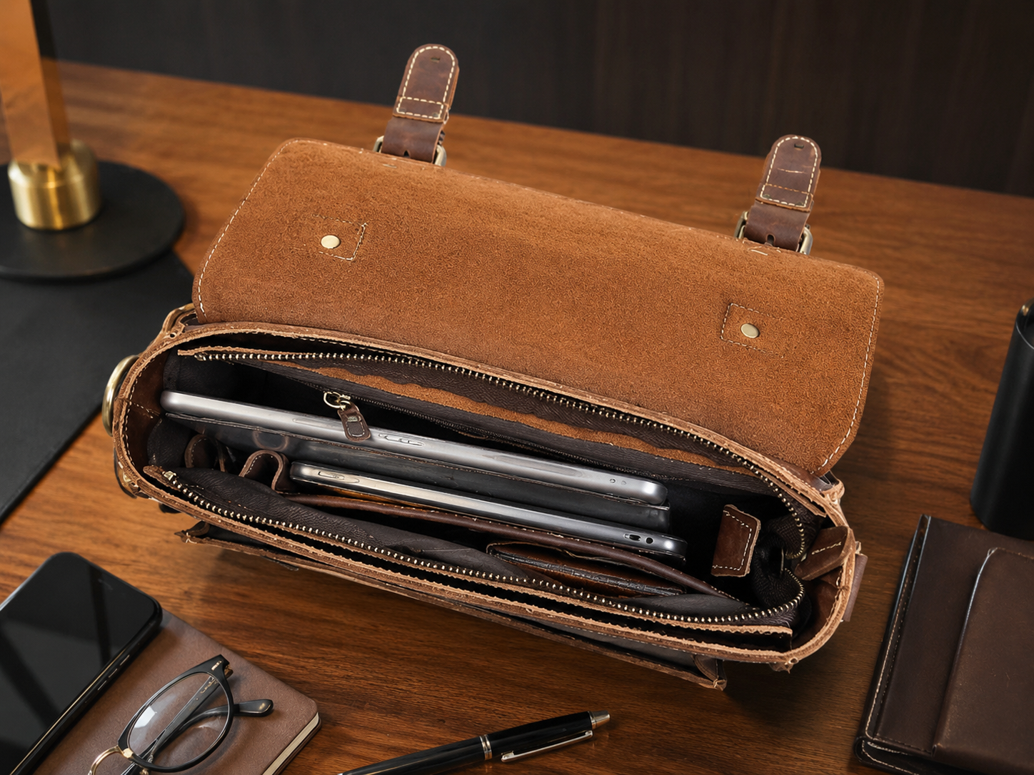 Unisex Full-Grain Leather Messenger Satchel – Compact iPad Mini Crossbody Bag