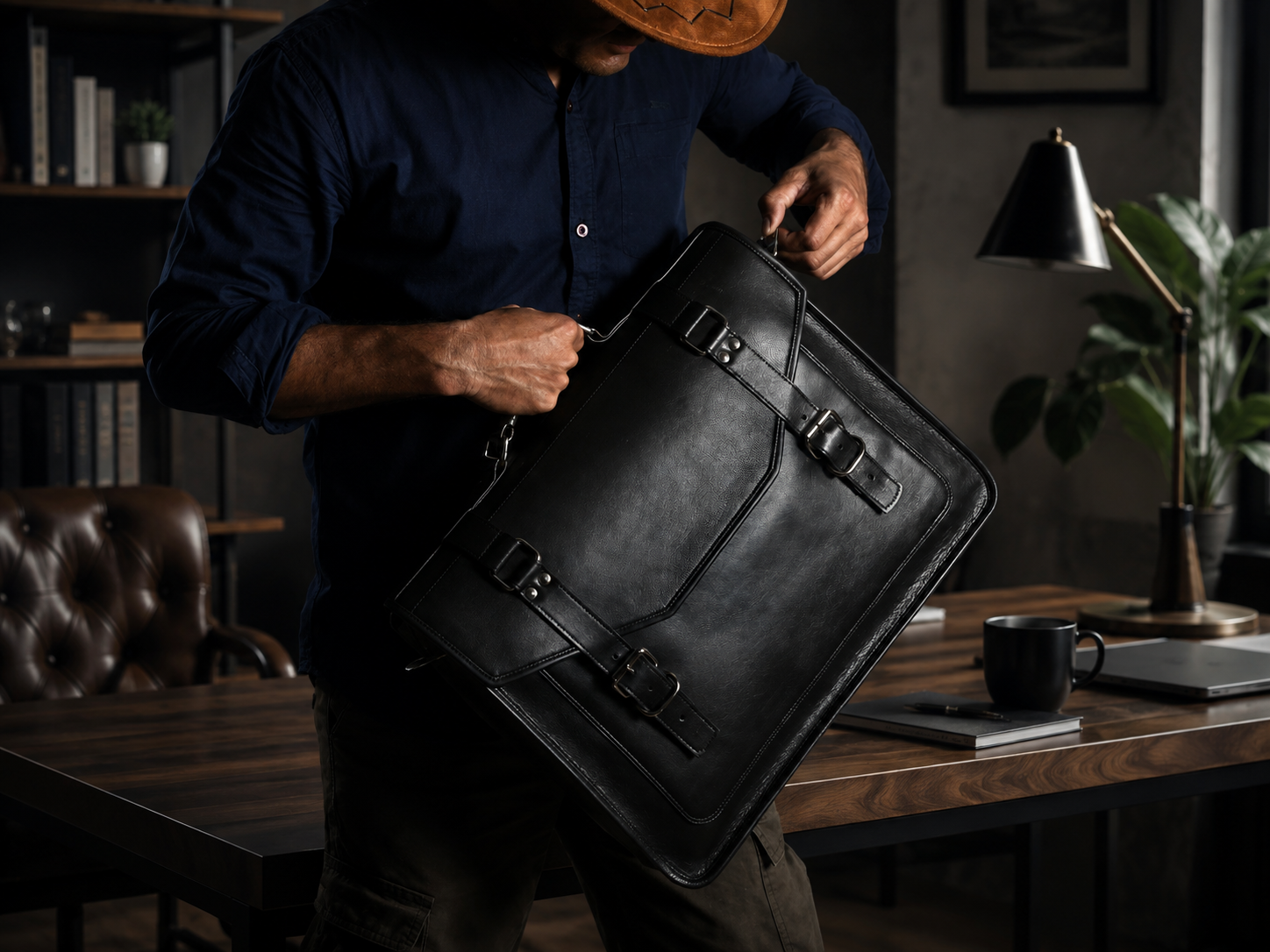 Black Full-Grain Leather Messenger Bag for Men