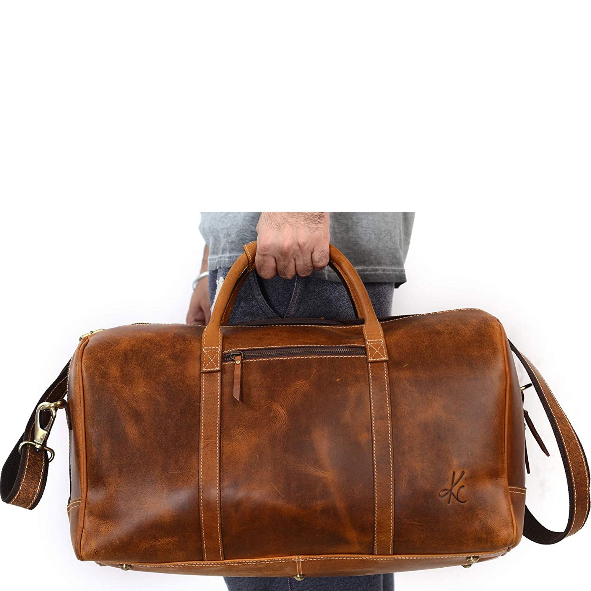 Leather Duffel Bag - Travel, Gym, Sports, Overnight, and Weekend Cabin Holdall (Distressed Tan)