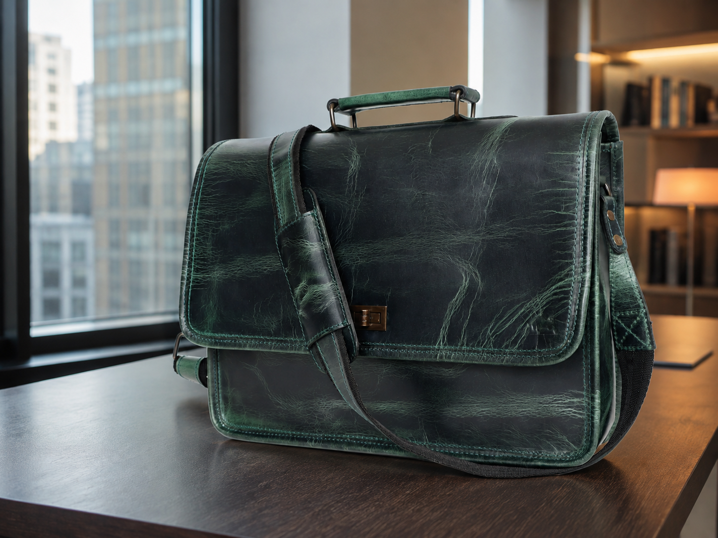 Parker Green Full-Grain Buffalo Leather Messenger Bag – Men's Work & Laptop Satchel