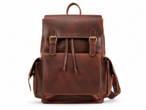 Vintage Buffalo Leather Drawstring Backpack with Magnetic Side Pockets