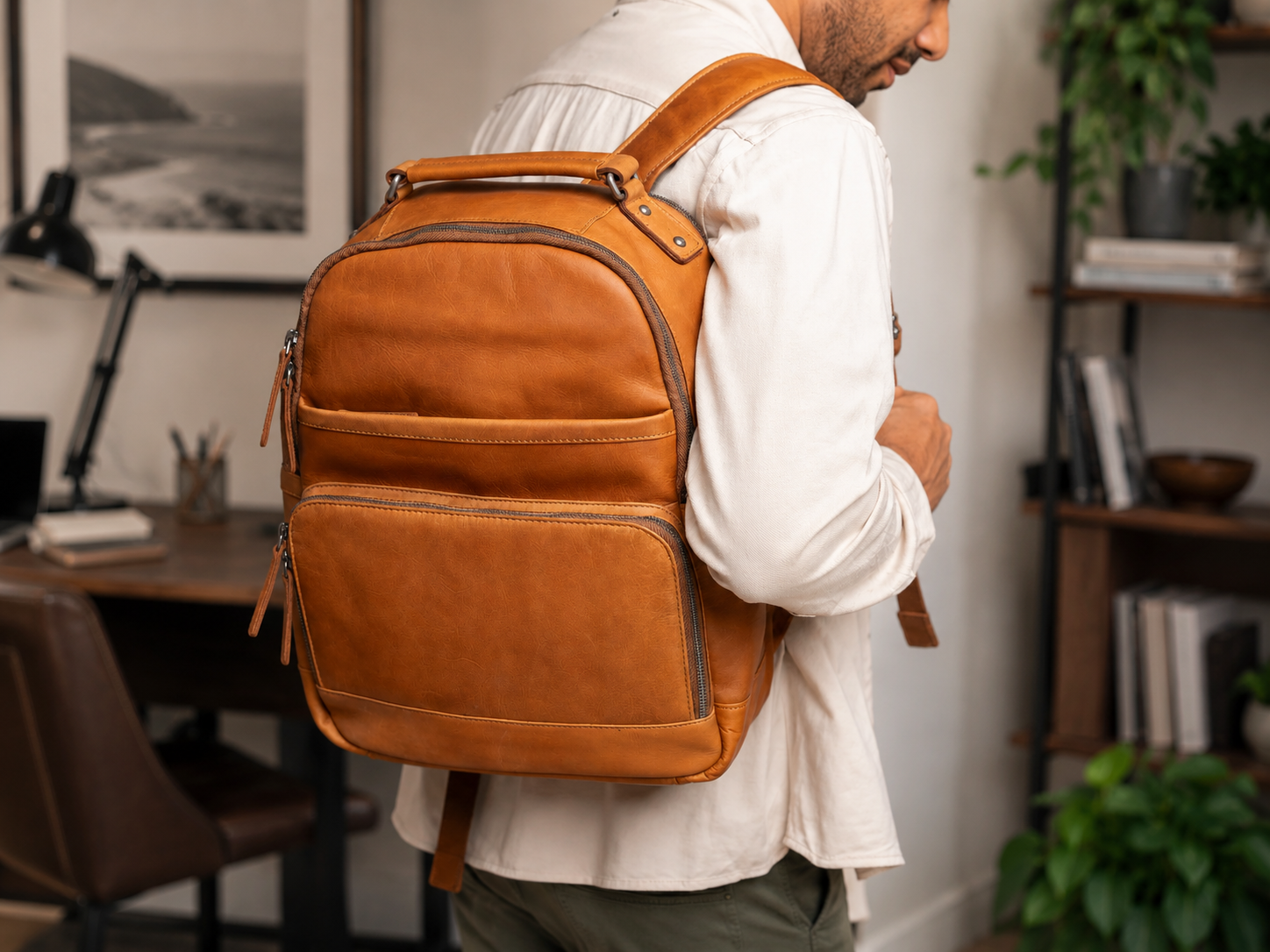 Leather Laptop Backpack Cognac Austin