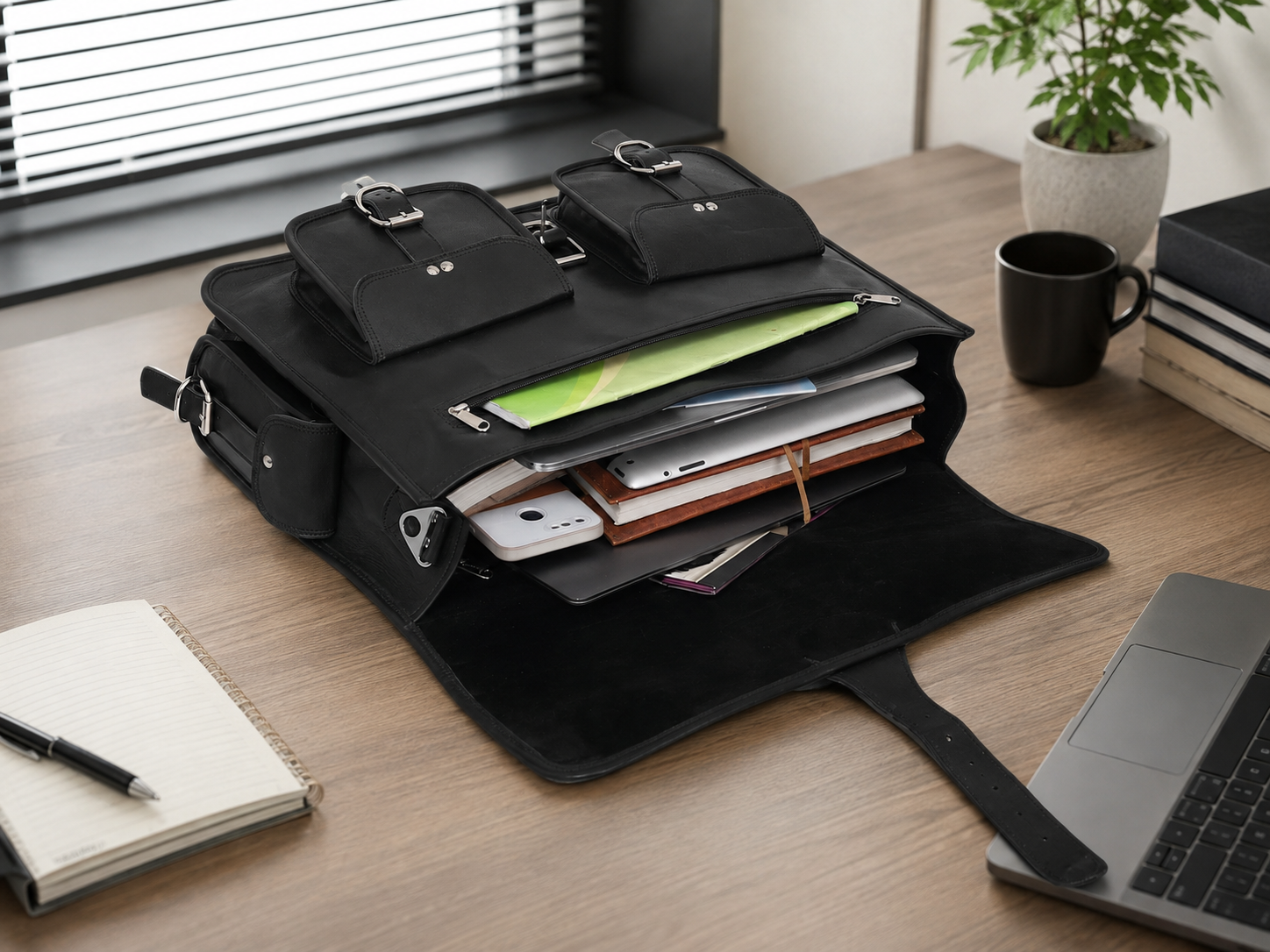 Black Full-Grain Leather Messenger Bag for Men
