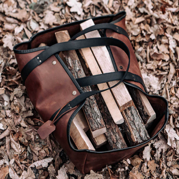 Crazy Horse Leather Firewood Carrier with Brass Hardware