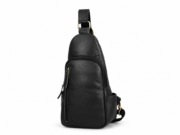 Black Buffalo Leather Sling Bag with Brass Hardware