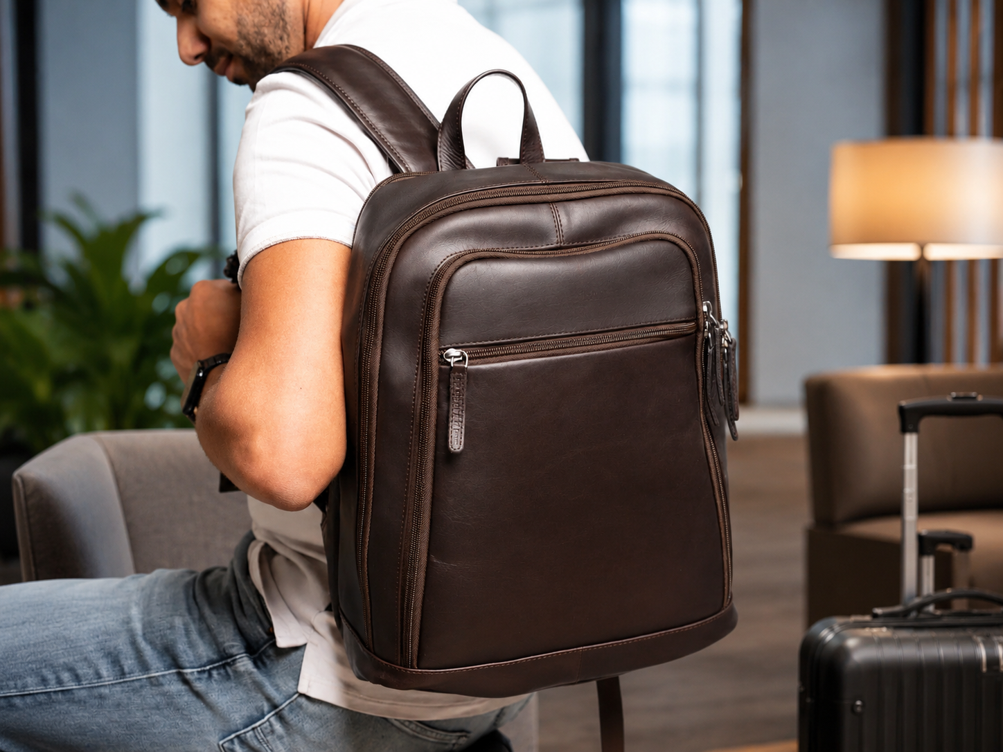 Leather Laptop Backpack Brown Detroit