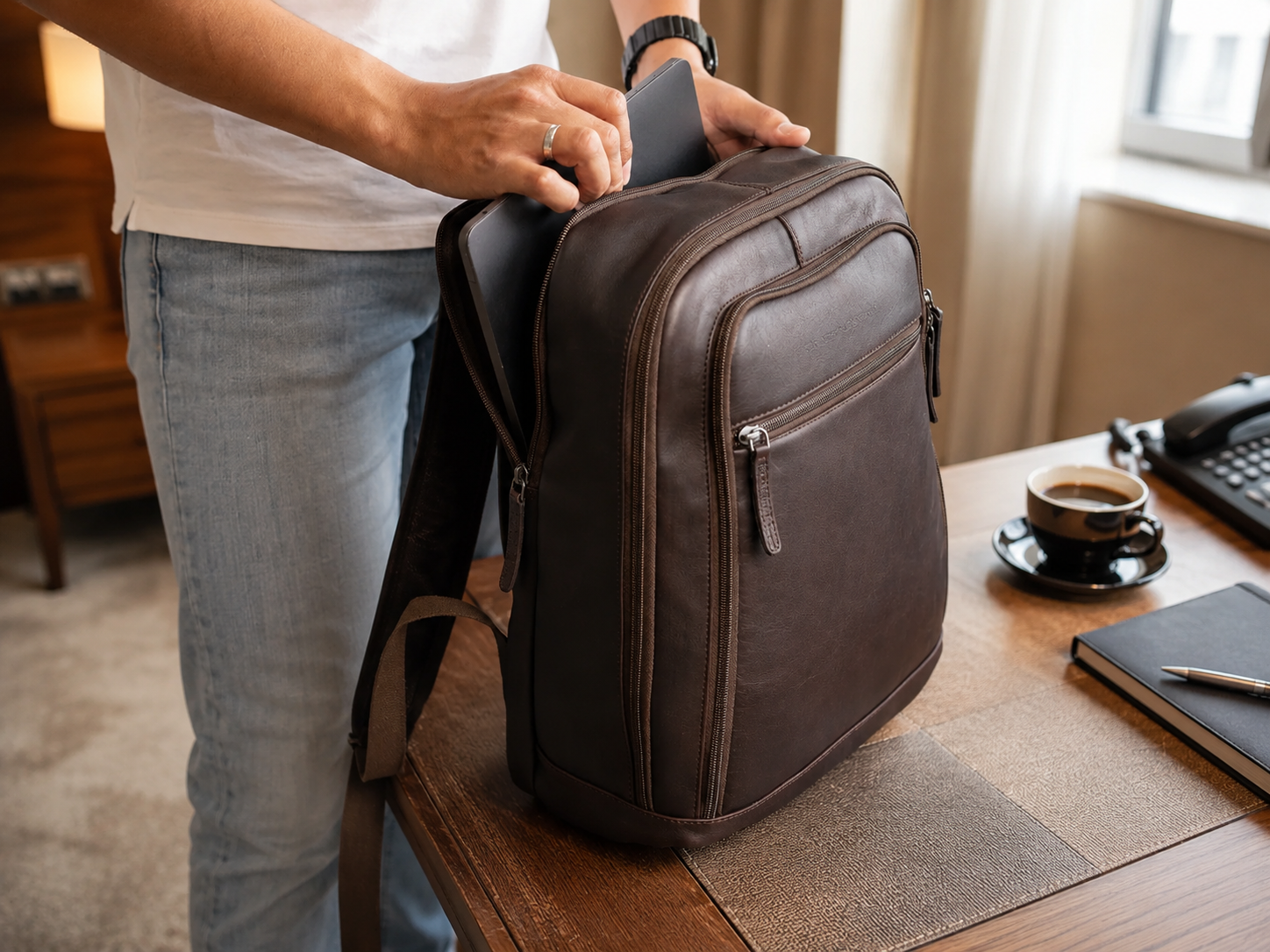 Leather Laptop Backpack Brown Detroit