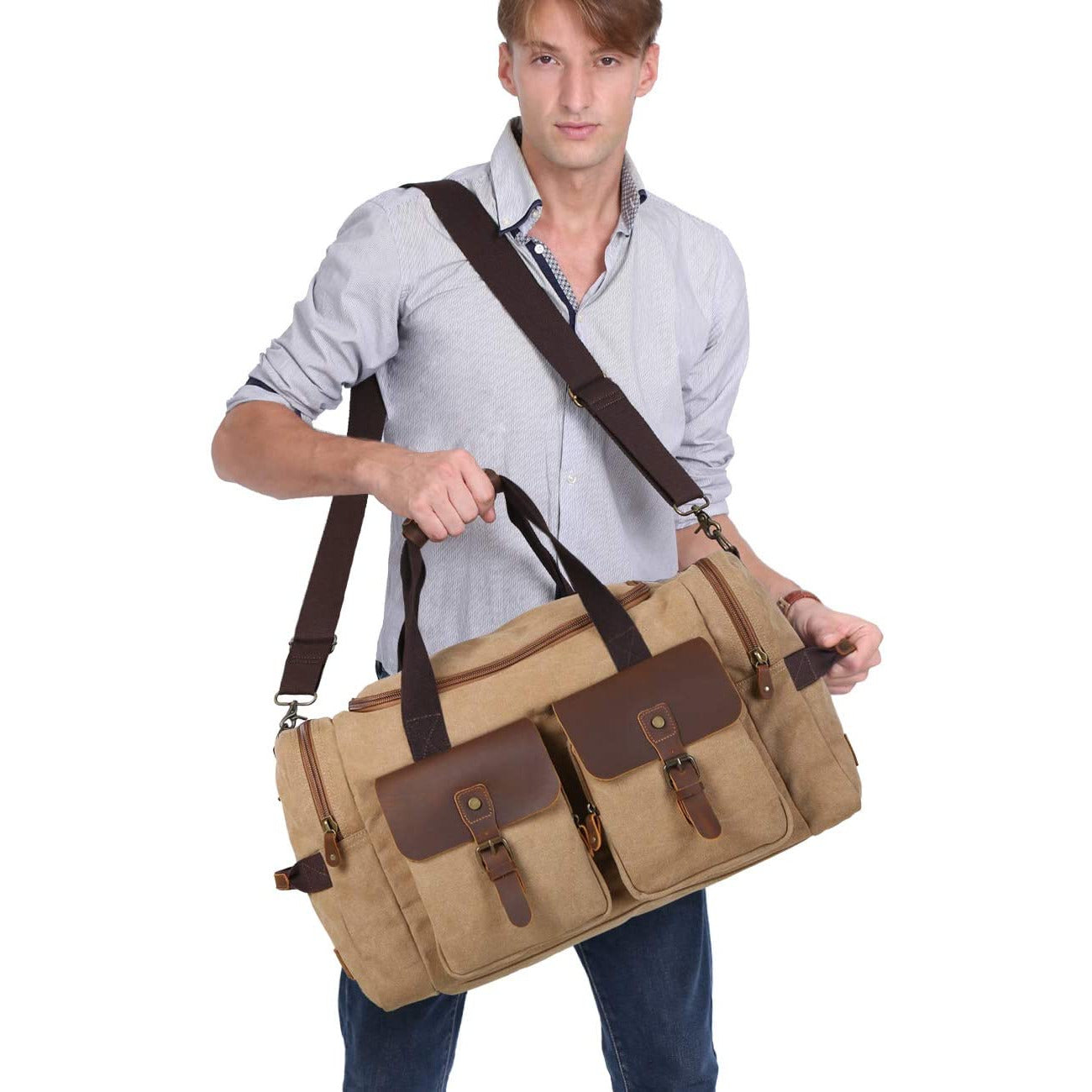 Canvas Cowhide Leather Duffel Bag