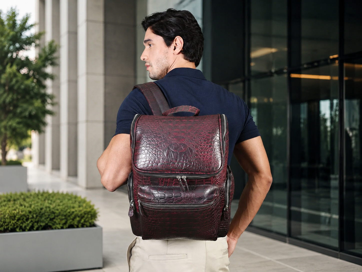 Regal Crocodile Texture Laptop Backpack, Pinkish Red