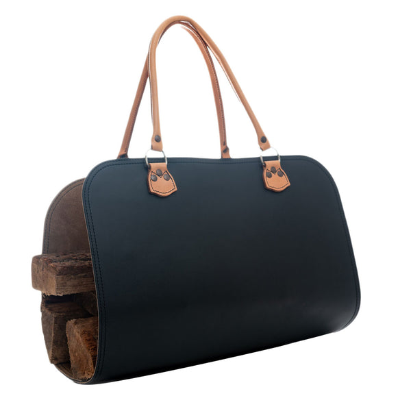 Black Full-Grain Leather Firewood Carrier