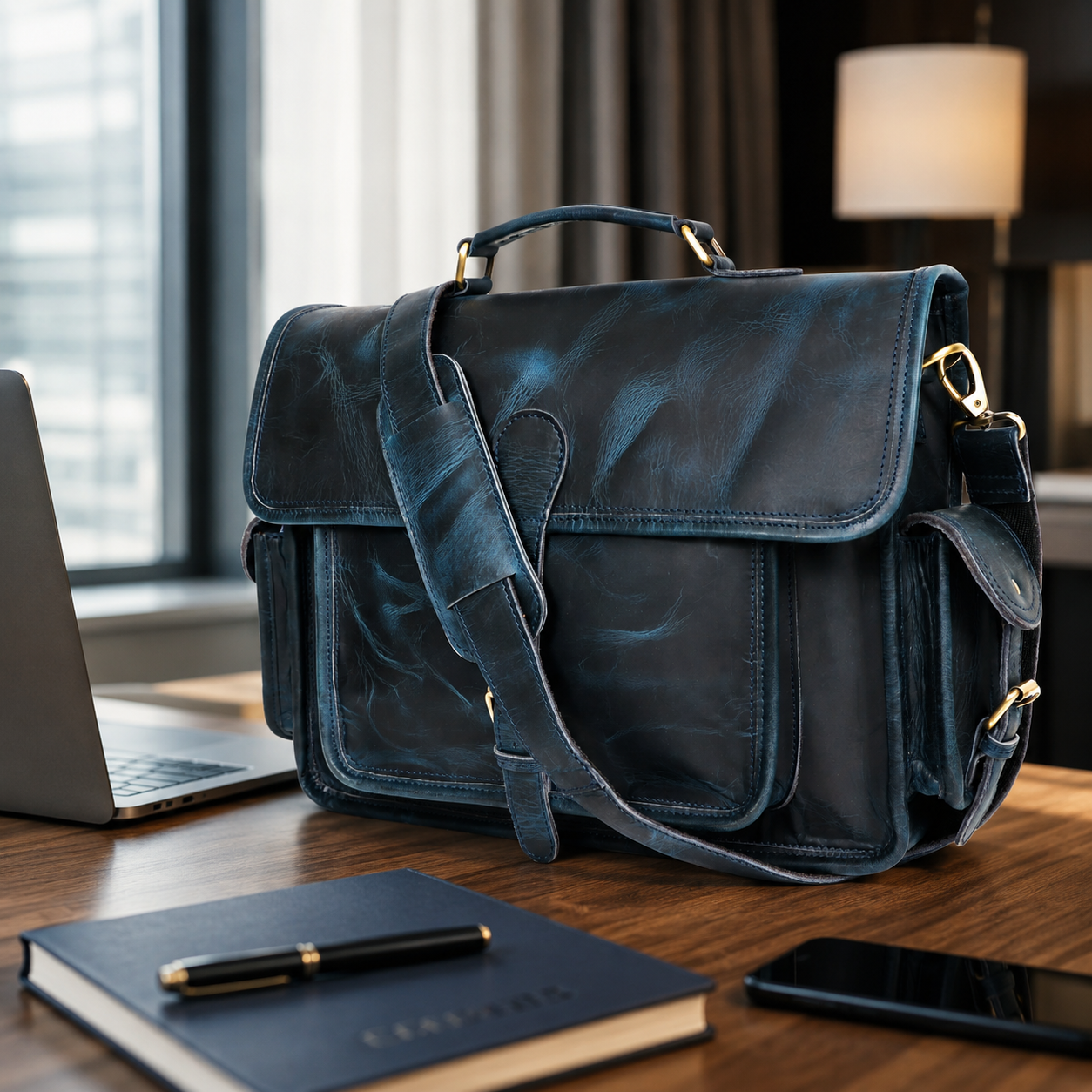 Ember Blue Full-Grain Buffalo Leather Messenger Bag – Men's Work & Travel Satchel