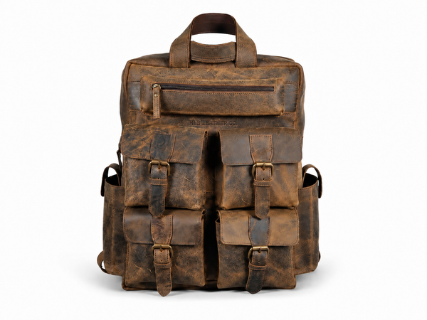 Distressed Buffalo Leather Multi-Pocket Backpack for Work & Travel