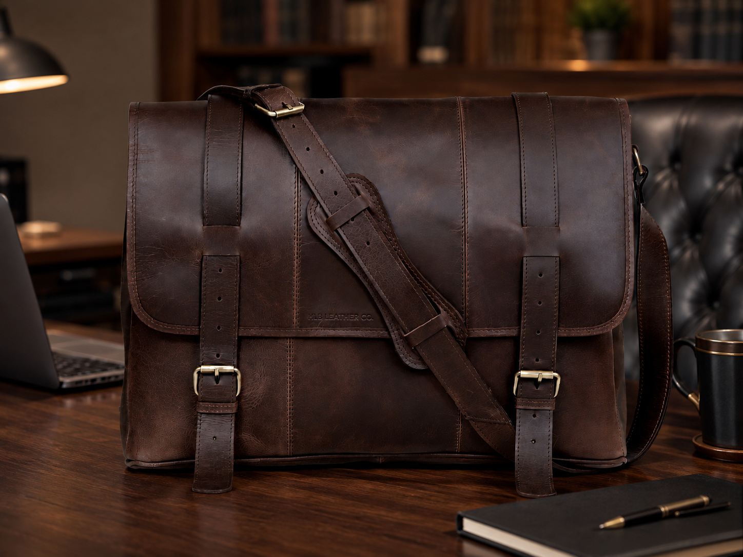 Brown Full-Grain Buffalo Leather Laptop Messenger Bag
