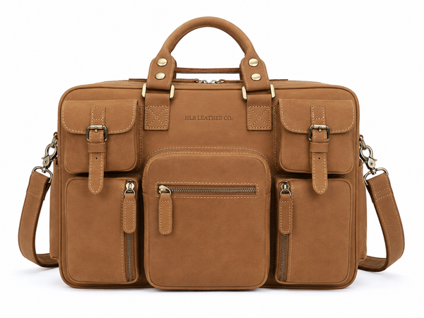 Full-Grain Cowhide Leather Laptop Briefcase with Multiple Pockets