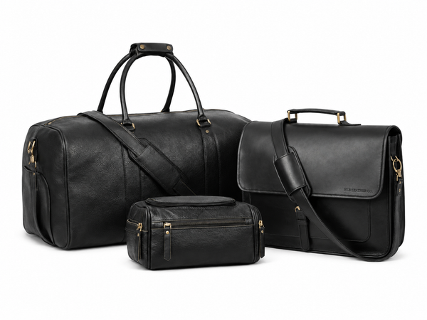 Premium Black Leather Travel & Work 3-Piece Set