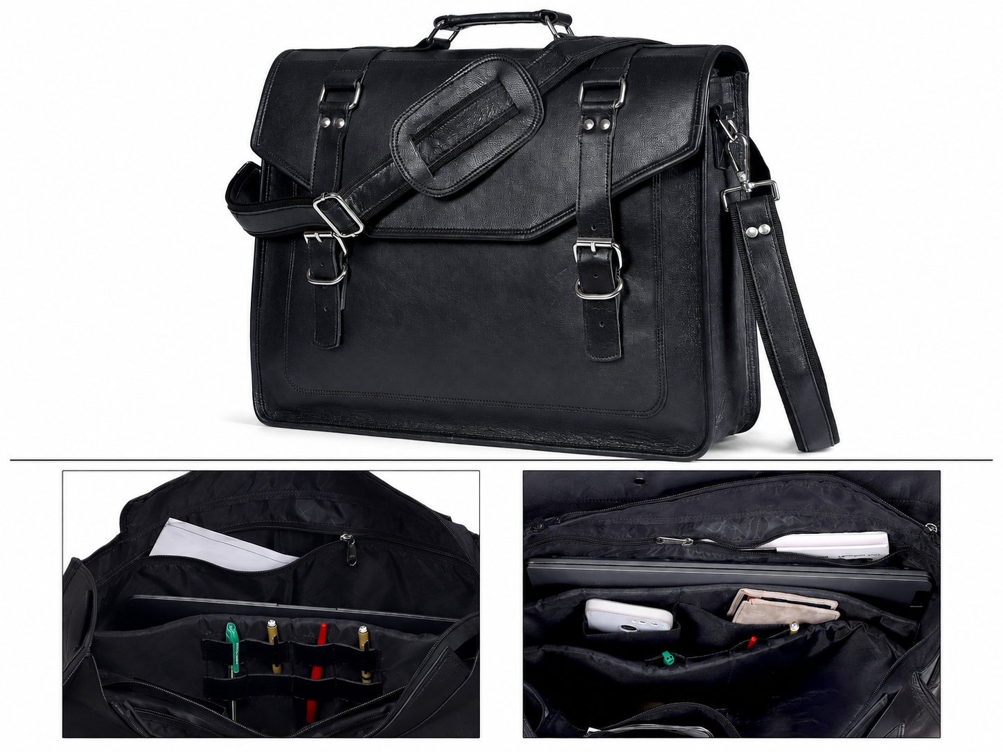 Black Full-Grain Leather Messenger Bag for Men
