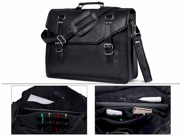 Black Full-Grain Leather Messenger Bag for Men