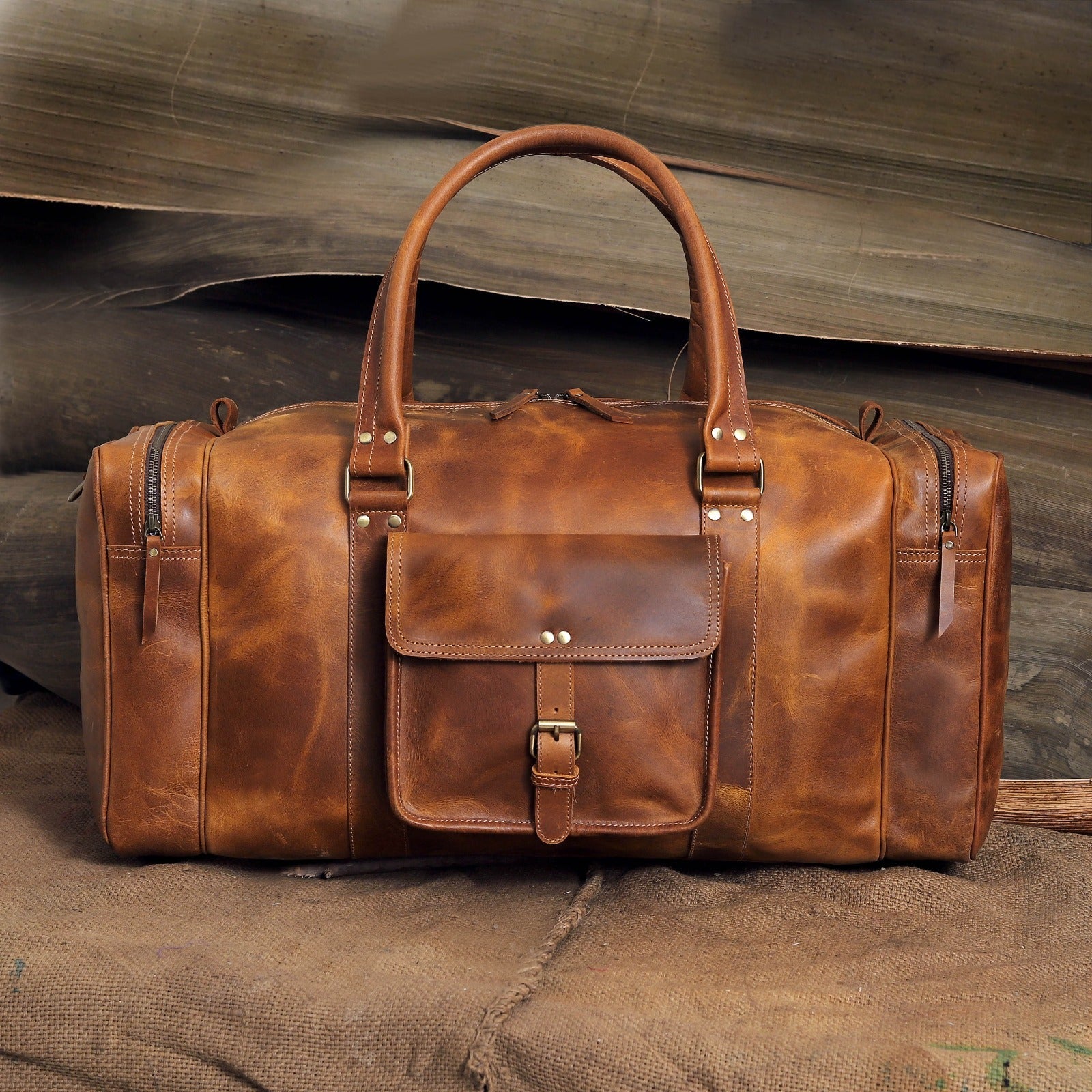 Premium Vintage Tan Buffalo Leather Combo Set – Duffel, Messenger Bag & Padfolio