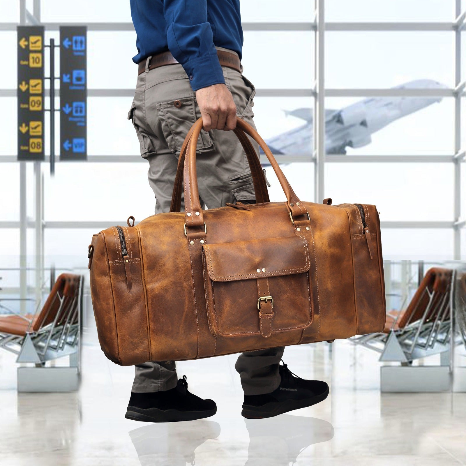 Premium Vintage Tan Buffalo Leather Combo Set – Duffel, Messenger Bag & Padfolio