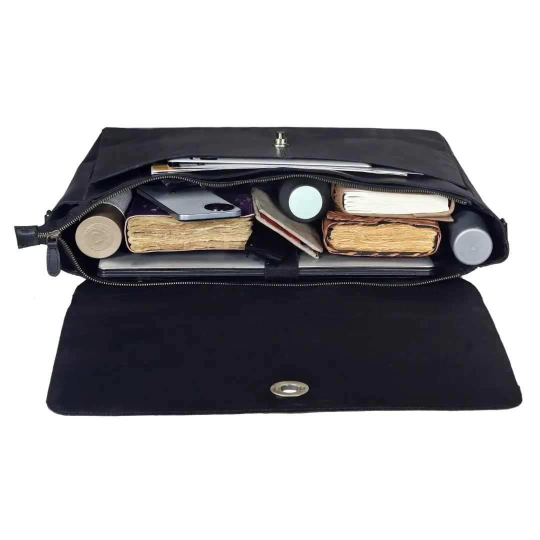 Black Full-Grain Buffalo Leather Messenger Bag