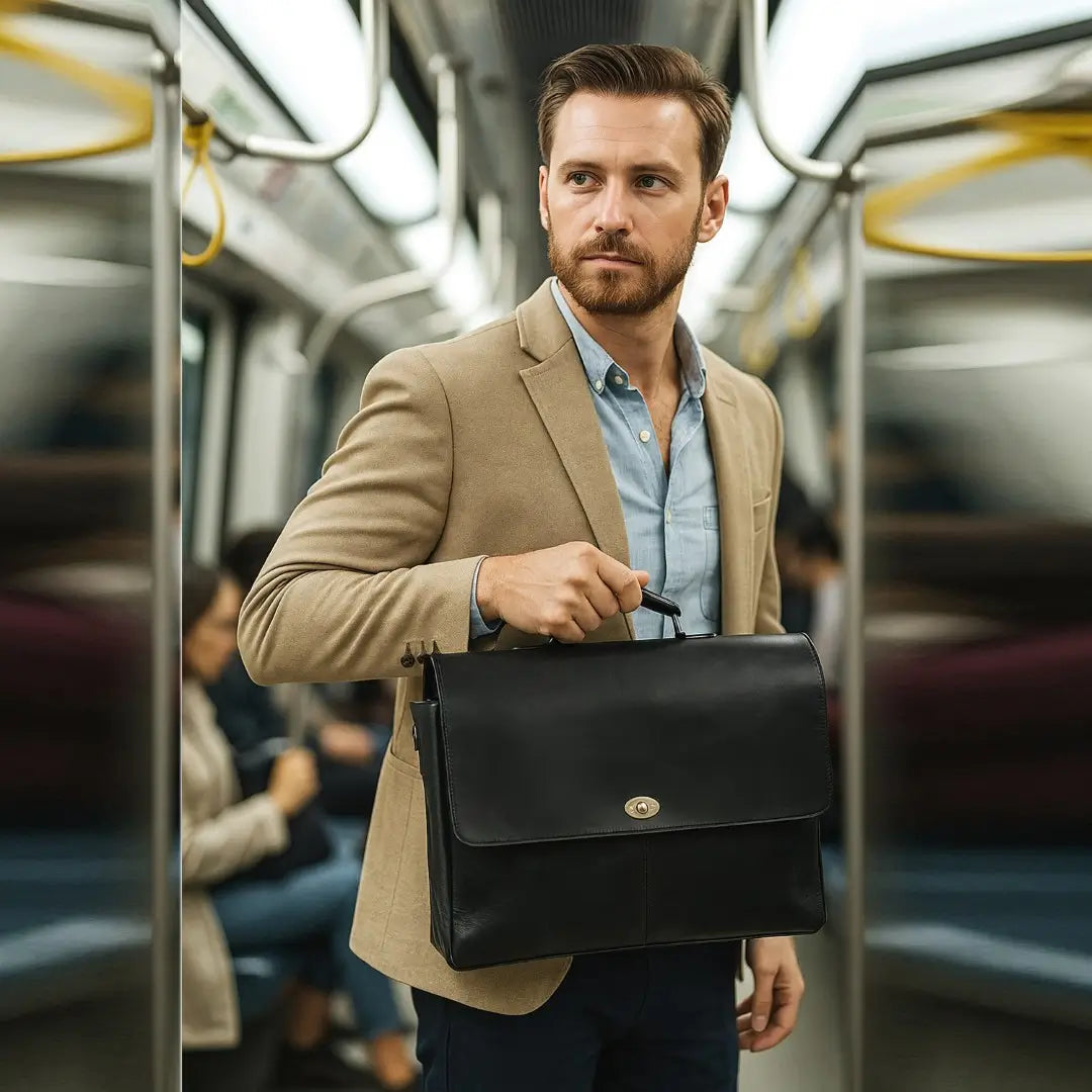 Black Full-Grain Buffalo Leather Messenger Bag