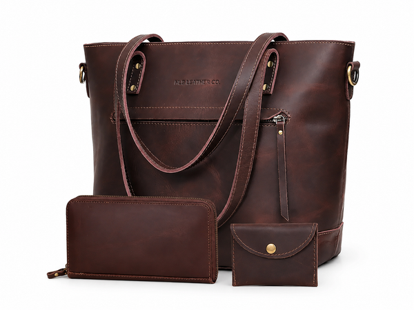 Buffalo Leather Tote Bag Combo - Brown