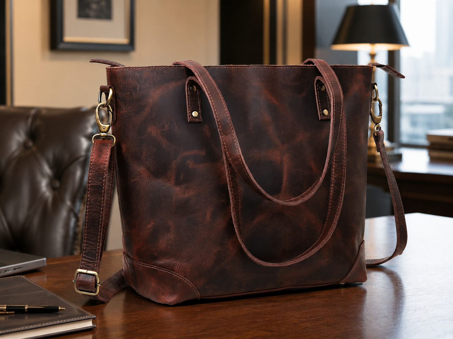 Buffalo Leather Tote Bag Combo - Brown