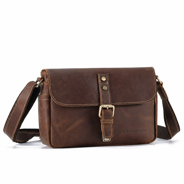 Vintage Full-Grain Leather Small Crossbody Bag – Buckle Shoulder Purse