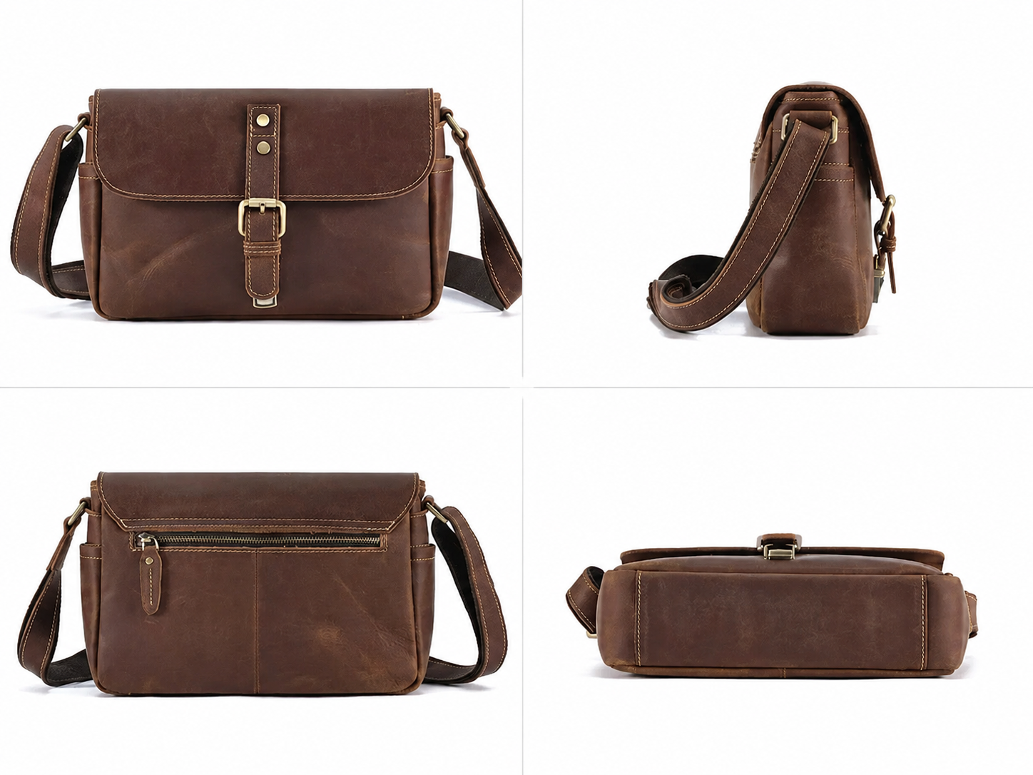 Vintage Full-Grain Leather Small Crossbody Bag – Buckle Shoulder Purse