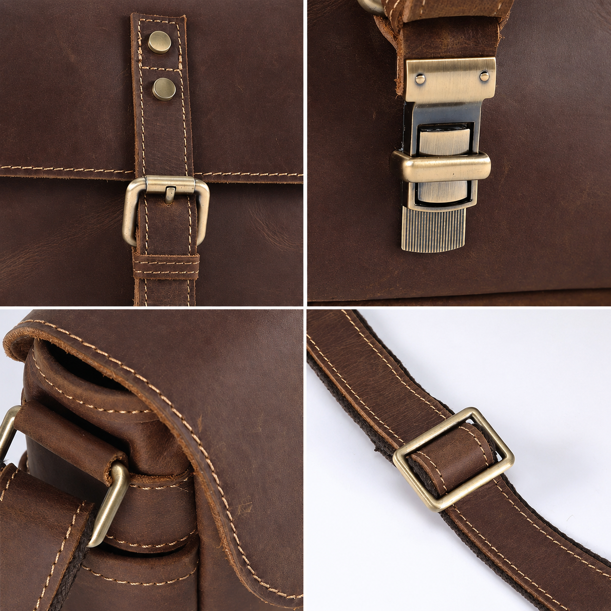 Vintage Full-Grain Leather Small Crossbody Bag – Buckle Shoulder Purse